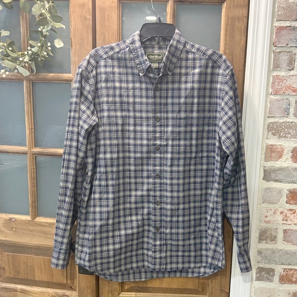 Eddie Bauer Plaid Button Down Shirt Mens Blue Gray Long Sleeve‎ Cotton Classic M